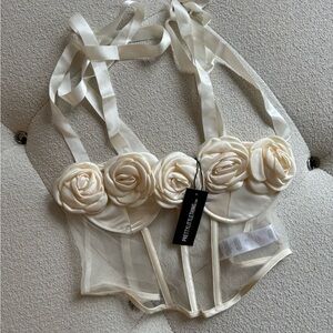 MESH FLORAL APPLIQUE BOW STRAP BONED CORSET